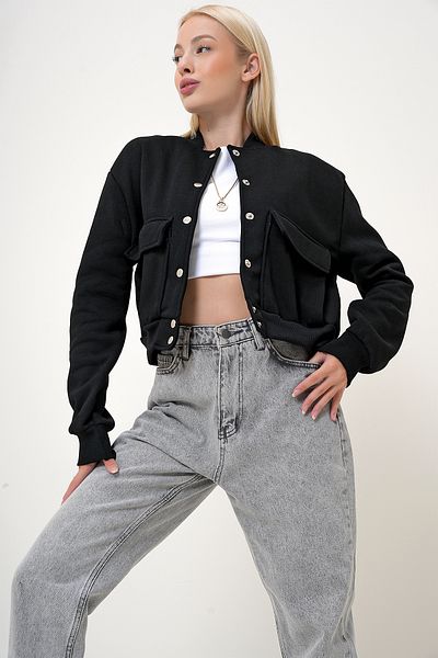 VAGGON Dámská černá Crop bunda se zapínáním na patentky s dvojitou kapsou a stuhou uvnitř PRM1049