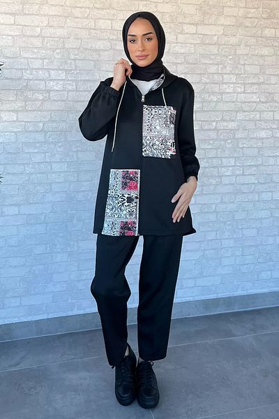 julude طقم حجاب من قماش الغوص المزخرف باللون الأسود