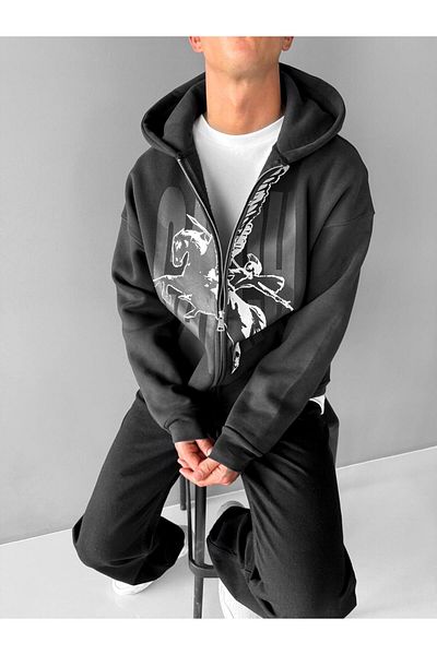 ablukaonline Unisex Oversize Printed Hooded Zippered Sweatshirt Black
