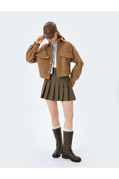 Koton Shirt Collar Snap Button Pocket Detailed Textured Shacket