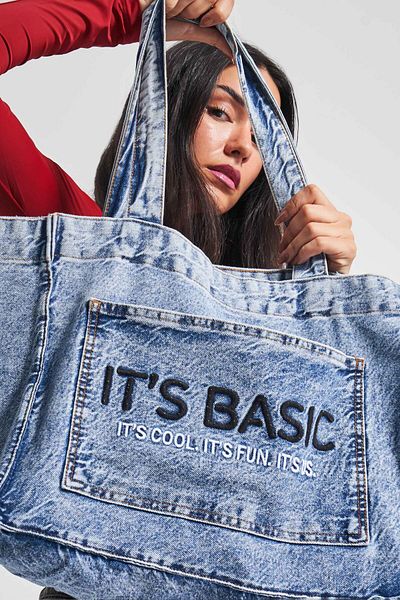 its basic Model S3w427 - Geantă din denim brodat albastru închis cu burduf și buzunare
