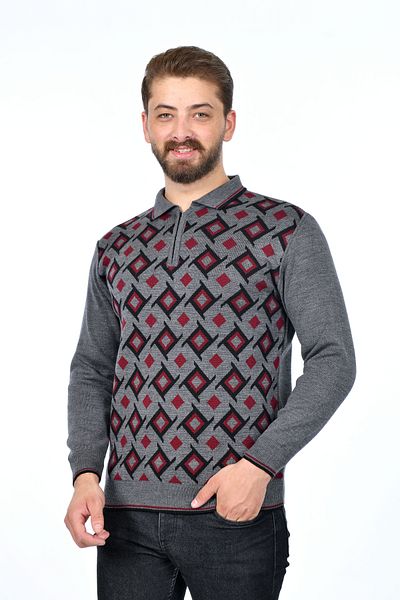 Kamalı Men's Steel Knitted Square Pattern Shirt Collar Zippered Polo Collar Pilling-Free Knitwear Winter Dad Sweater