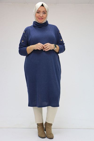 Eslina 38149 Plus Size Low Sleeve Button Detail Mir Tunic-Indigo