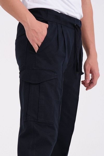 RELAXL 100% Cotton Wide Leg Baggy Fit Gabardine Navy Blue Cargo Pants