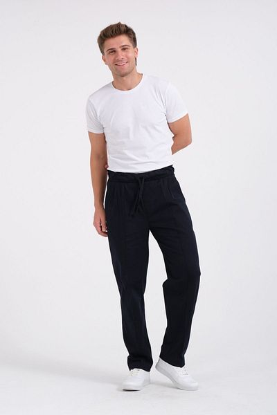 RELAXL 100% Cotton Wide Leg Elastic Waist Pleated Navy Blue Baggy Pants