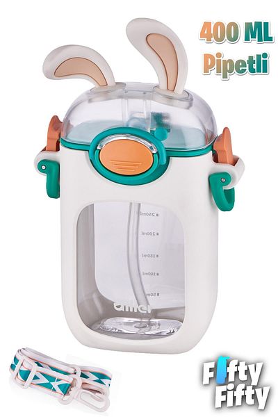 Vagonlife 400 ml Tritan Children's Water Bottle with Tongues Straw and Neck Strap-Cleaning Brush Gift