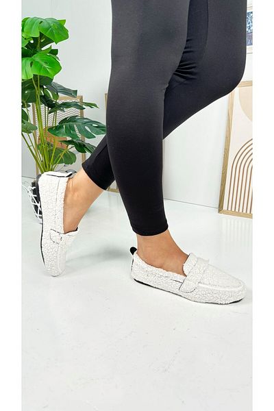 Nstil Mocasnic alb cu căptușeală de pluș - vârf oval, talpă joasă cu model, pantofi casual pentru femei 375