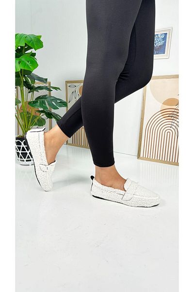Nstil Mocasnic alb cu căptușeală de pluș - vârf oval, talpă joasă cu model, pantofi casual pentru femei 375
