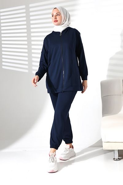 Mihran Butik Women's Seasonal Bottom and Top Comfortable Navy Blue Sports Hijab Suit