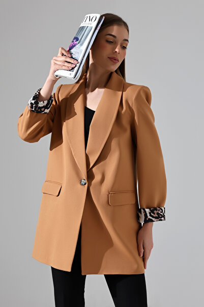 COCOCİX kadın şal yaka ceket leopar astarlı