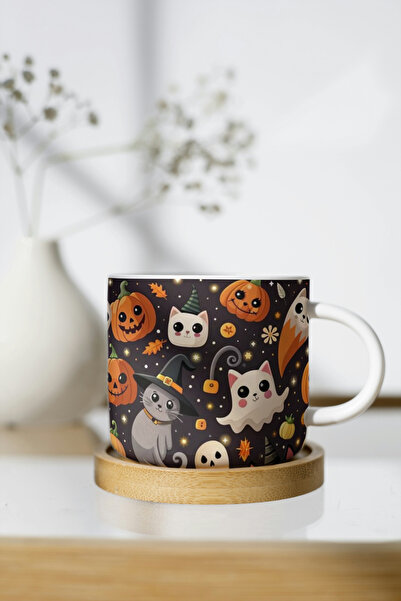 EYBaskı Tasarım White Porcelain Halloween Themed Nescafe Cup