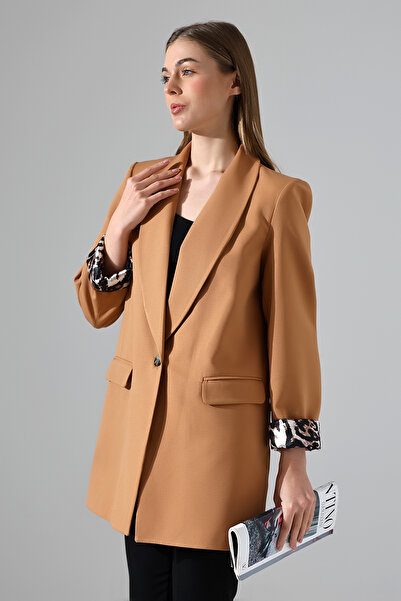 COCOCİX kadın şal yaka ceket leopar astarlı