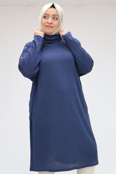 Eslina 38149 Plus Size Low Sleeve Button Detail Mir Tunic-Indigo