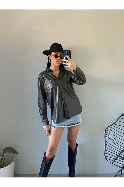 bymaestro woman Дамска кожена риза с джобни детайли