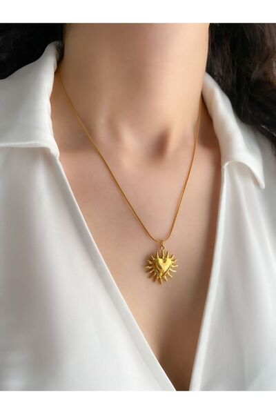 DEMOKAN Kadın Çelik Kolye Güneş Kalp Detay Kararmaz Çelik Kolye