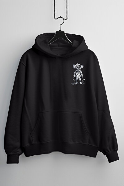 Frisson Hanorac unisex, cu imprimeu design șoricel, croială normală, negru