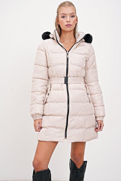 HAKKE Kürk Kapüşonlu Bel Kemer Şişme MONT