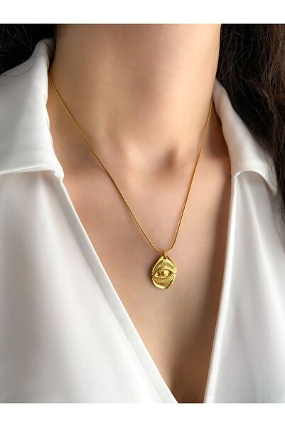 DEMOKAN Kadın Çelik Kolye Kabartma Göz Detay Kararmaz Kolye