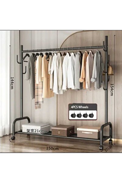 TRENDESK Metal Siyah Portmanto Konfeksiyon Askısı Ayaklı Askılık Elbise Askılığı Tekerlekli 154*150 Cm 6014
