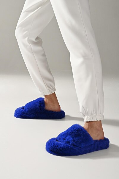 Beyond Women's Saks Blue Extra Soft Furry House Slippers 3cm Bynd01