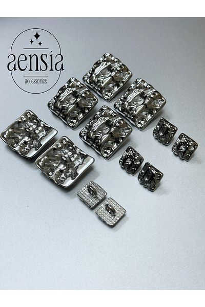 aensia Silver Square over Striped Pattern Metal Button Set - Pack of 12 (6 Large + 6 Small)