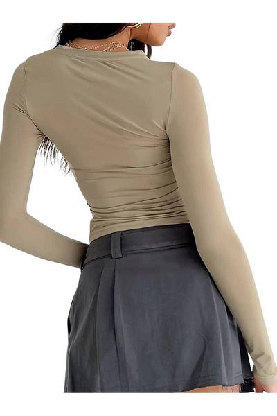 LADY HAZAL Μακρυμάνικη μπλούζα με μπεζ Crew Neck Basic Body στενή εφαρμογή