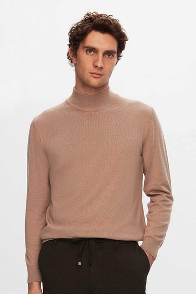D'S Damat Beigefarbener Strickpullover aus Baumwollmischung im Halbfischerstil, reguläre Passform