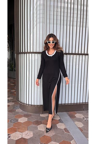 İpeksi Silky Women's Long Sleeve Round Rib Collar Slit Long Viscose Two Thread Dress