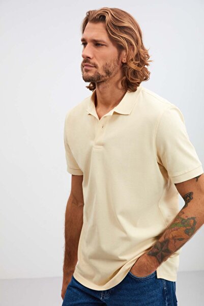 GRIMELANGE Morgan Men's Regular Fit 100% Cotton Yellow Polo Neck T-shirt