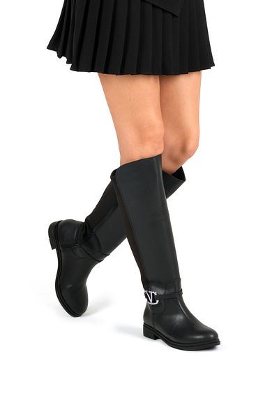 Akka Shoes Дамски ботуши до коляното с катарами за неопренов костюм от плат
