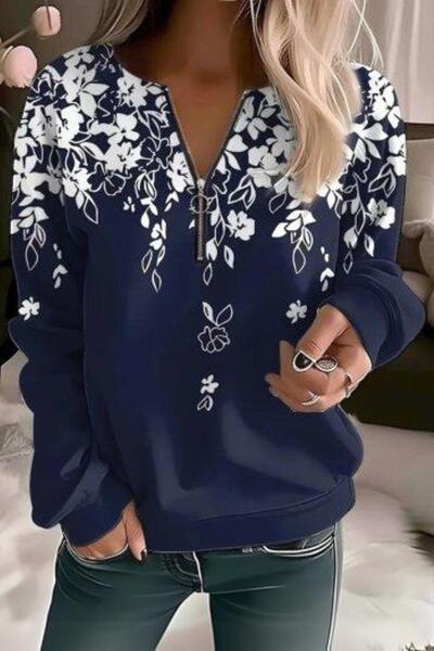 Mossta Front Zip Floral Print Raised Diving Blouse