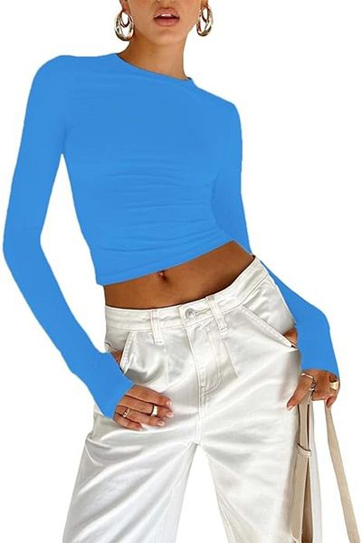 LADY HAZAL Ice Blue Crew Neck Basic Body στενή εφαρμογή Μακρυμάνικη μπλούζα με λεπτομέρεια στα δάχτυλα