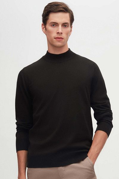 D'S Damat Черен памучен микс - трикотажен пуловер Half Fisherman Regular Fit