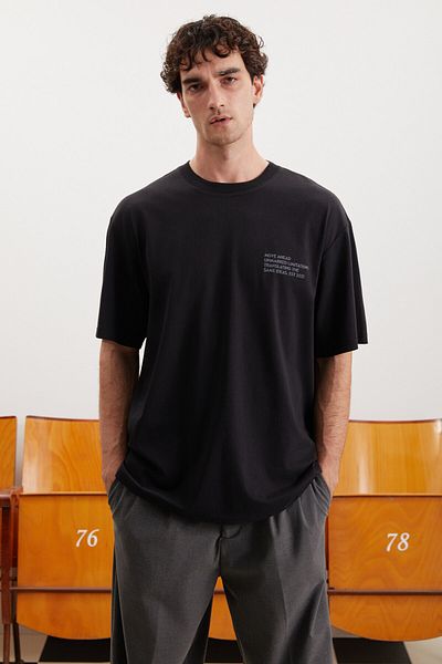 GRIMELANGE Tricou negru cu imprimare cu textura grosă, 100% bumbac, darell, pentru bărbați