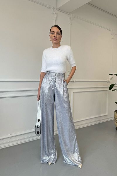MAGARDE Shiny Gray Palazzo Trousers