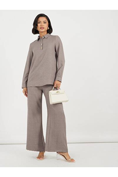 Styli Button Placket Longline Shirt & Wide Leg Pants Modest Set