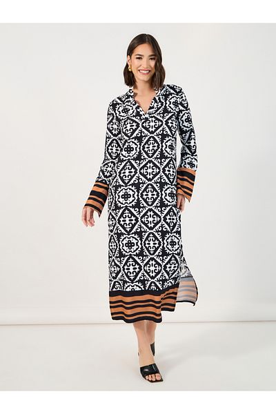 Styli All Over Print Notch Neck Shift Midi Dress