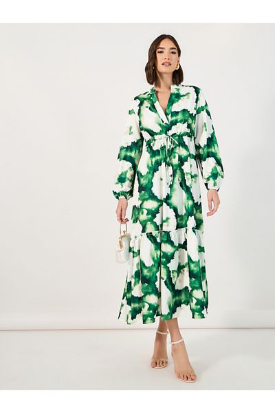 Styli Tie-Dye Print Notch Neck A-Line Maxi Dress