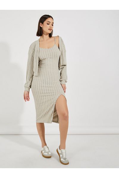 Styli Rib Knit Midi Dress & Cardigan Co-Ords