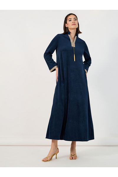 Styli Velvet Look Jalabiya with Lace Trim