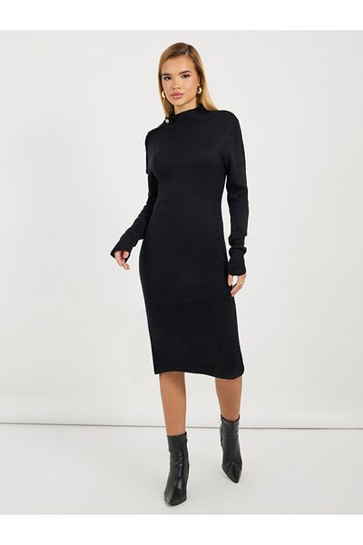 Styli Knitted Sweater Knee Length Dress with Button Detail