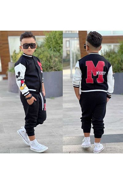 yns coolstar Mickey Printed Black 3-String Fabric Trousers with Fleece Inside and College Jacket Set of 2