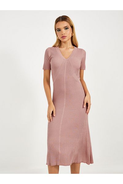 Styli Solid V Neck Knitted Midi Dress