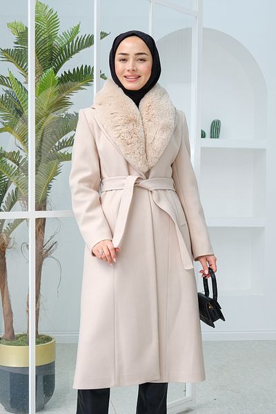 LOCCO Women's Midi Double Breasted Coat - Fur Collar Detail, Cream