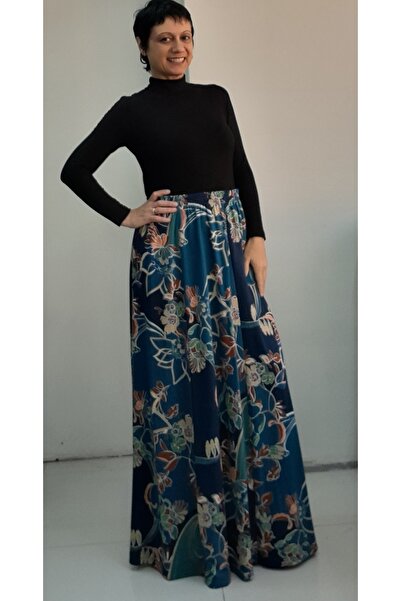 Mertcan Butik 6-Piece Steel Knitted Seasonal Skirt with Dark Blue Indigo Green Print