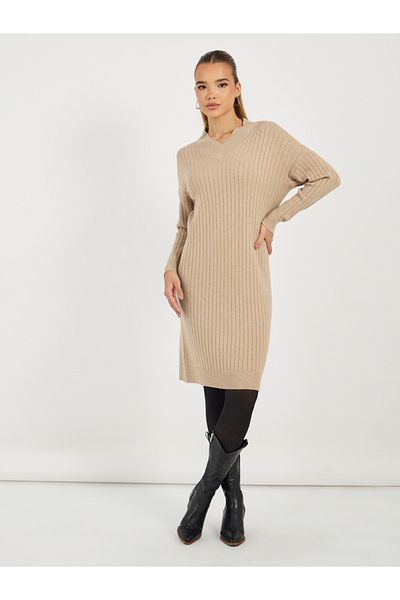 Styli Ribbed Knit V Neck Sweater Midi Dress
