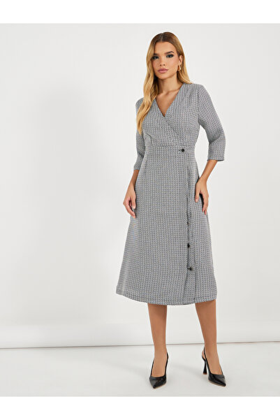 Styli Tweed 3/4 Sleeves Wrap Midi Dress