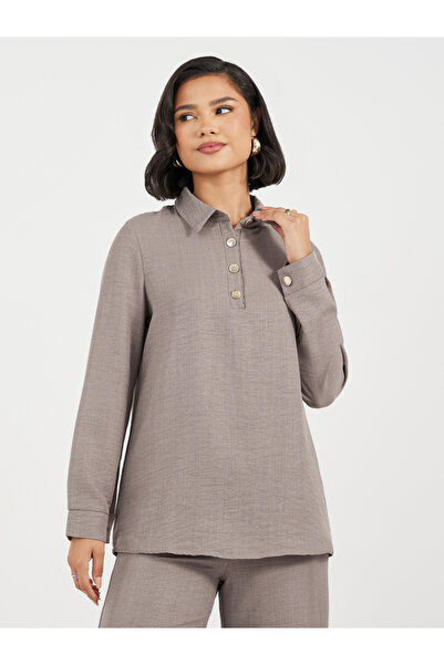 Styli Button Placket Longline Shirt & Wide Leg Pants Modest Set