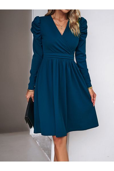 DY By Styli Wrap Front Puff Sleeves Knee Length Dress