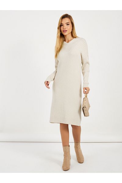 Styli Ribbed Knit V Neck Sweater Midi Dress